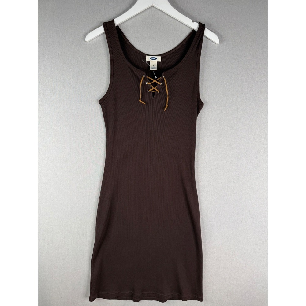 Y2K Old Navy Dress Womens M Brown Ribbed Leather Lace Up Tank 90s Western - Picture 1 of 8